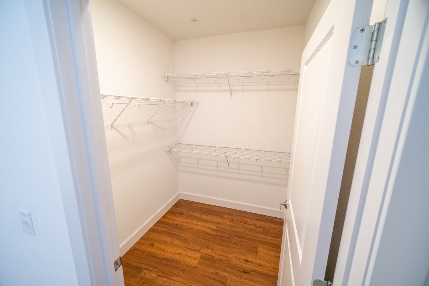 Large walk-in closets and wood-look flooring throughout the apartment